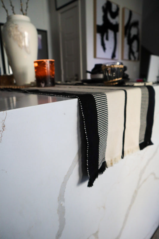 Fringed Creme & black Table runner